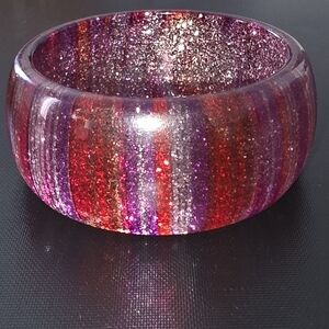 VTG Lucite Striped Glitter Funky Wide Chunky Bangle Bracelet  Retro MCM